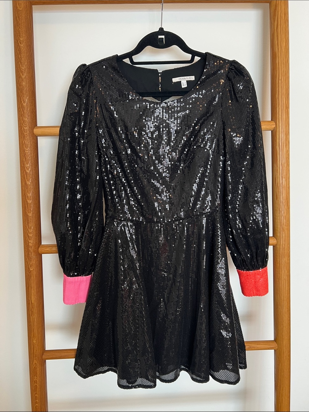 Olivia Rubin Black Sequin Mini Dress Colorblock Pink & Red Cuffs - Size 2 (UK 6)